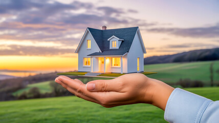 Naklejka premium A photorealistic image of a modern white two-story house floating above an outstretched hand against a sunset backdrop