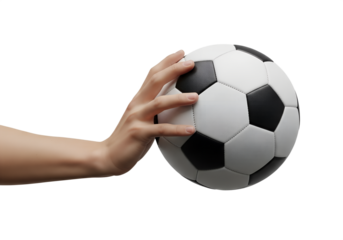 Hand holding soccer ball on transparent background, football isolated for sports designs