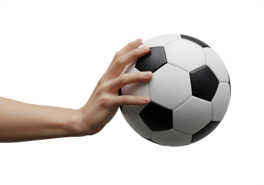 Hand holding soccer ball on transparent background, football isolated for sports designs