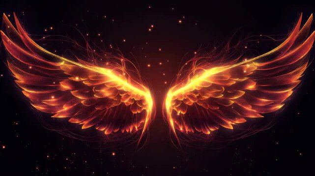 Glowing fiery wings: dynamic movement of vibrant abstract light patterns in dark space
