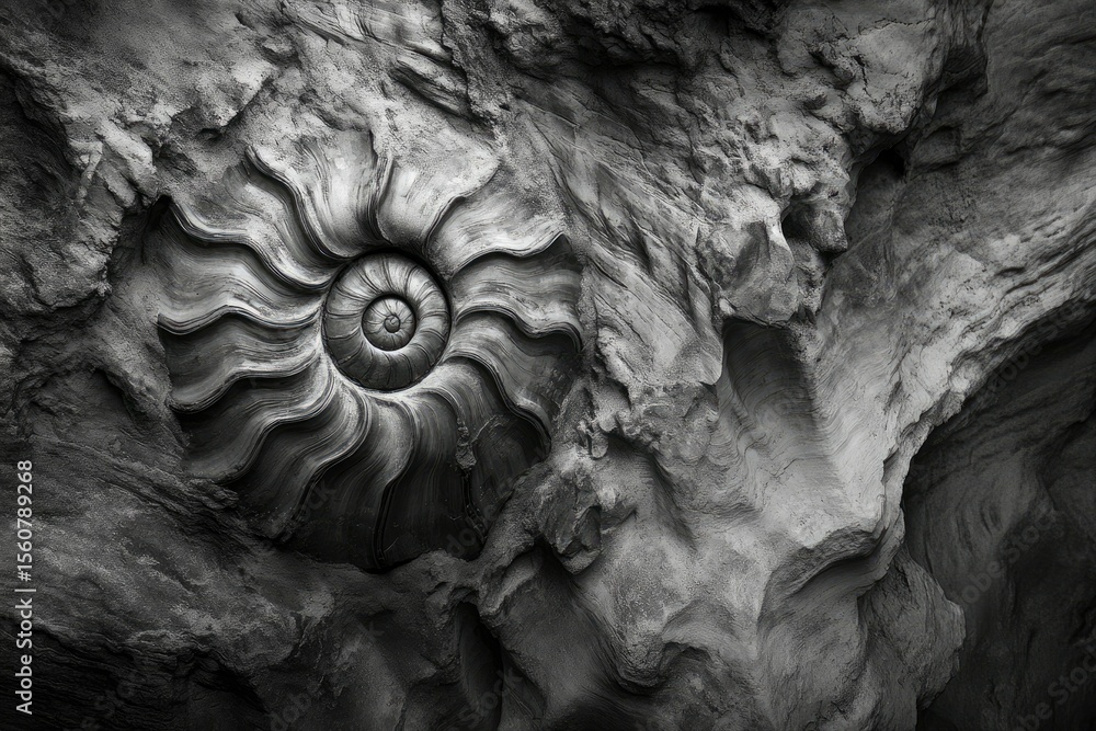 Poster a fossilized ammonite embedded in ancient rock, showcasing intricate details and textures.