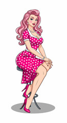 Adobe Illustrator vector flat illustration: A vibrant, sexy pin-up girl in a pink polka-dot dress, embodying retro pop art charm. Ideal for vintage themes and playful designs