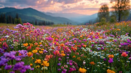Fototapeta premium A stunning display of colorful wildflowers fills a lush meadow nestled in the mountains. The sun sets in the background, casting a warm glow across the vibrant petals.