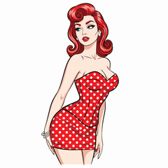 Adobe illustrator vector flat style illustration of a sexy pin-up girl in a pink polka dot dress with a pop art vibe, perfect for vintage-inspired designs