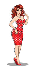 Adobe illustrator vector flat style illustration of a sexy pin-up girl in a pink polka dot dress with a pop art vibe, perfect for vintage-inspired designs