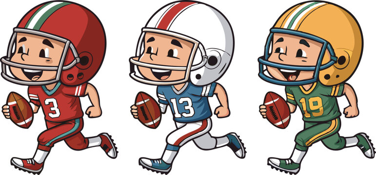 Full-body cartoon doodles of  football players in three color variations, holding rugby balls and smiling.