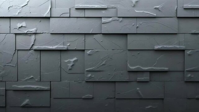 Abstract dark gray textured wall of irregular rectangular blocks, showing depth and shadow