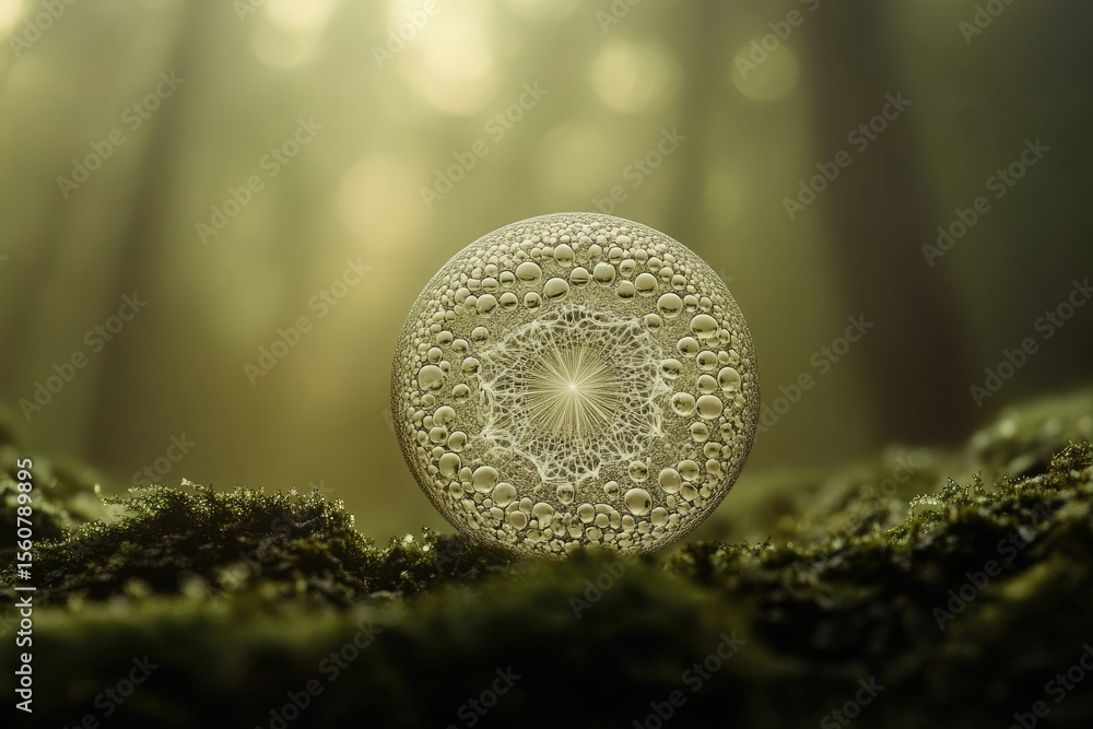 Poster a mesmerizing bubble with a dandelion seedhead pattern rests on mossy ground in a sunlit forest.