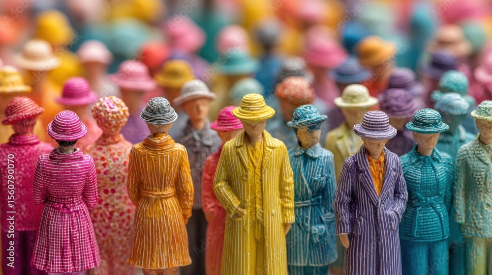 Poster miniature figures wearing hats and stylish clothing create a colorful array, showcasing vibrant patt
