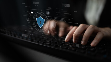 Cyber security interface with biometric and AI-powered protection system. Cyber security secures...