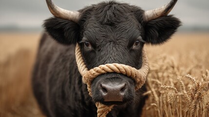 A black cow wearing a rope halter gazes at the camera while surrounded by tall golden wheat. The weather is overcast, creating a serene countryside atmosphere.
