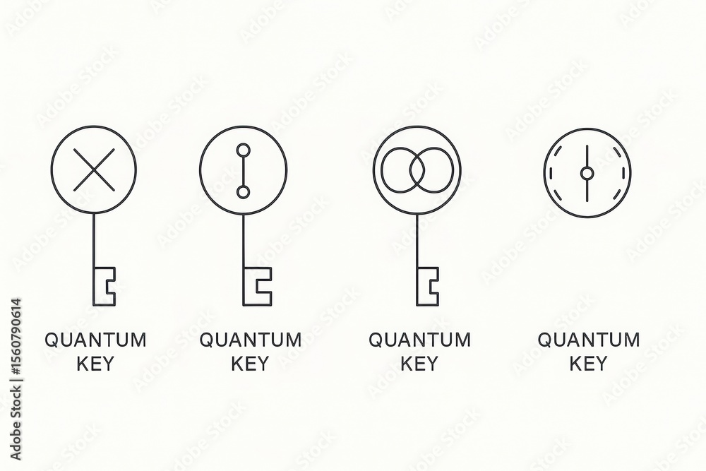 Poster Illustration of Quantum Key Concepts with Four Distinct Symbols Representing Quantum Key Variants