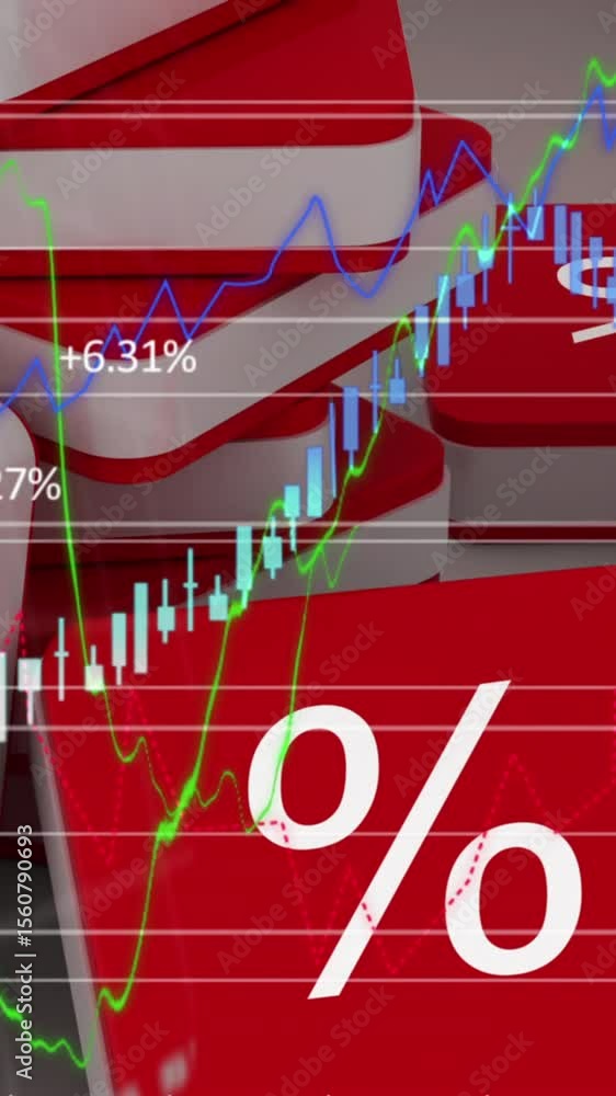 Poster animation of red cubes with per cent sign over graphs and statistics