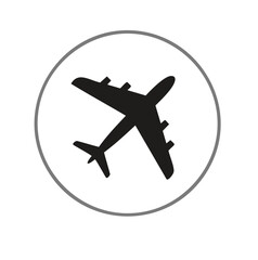 Black airplane silhouette inside a grey circle aircraft travel