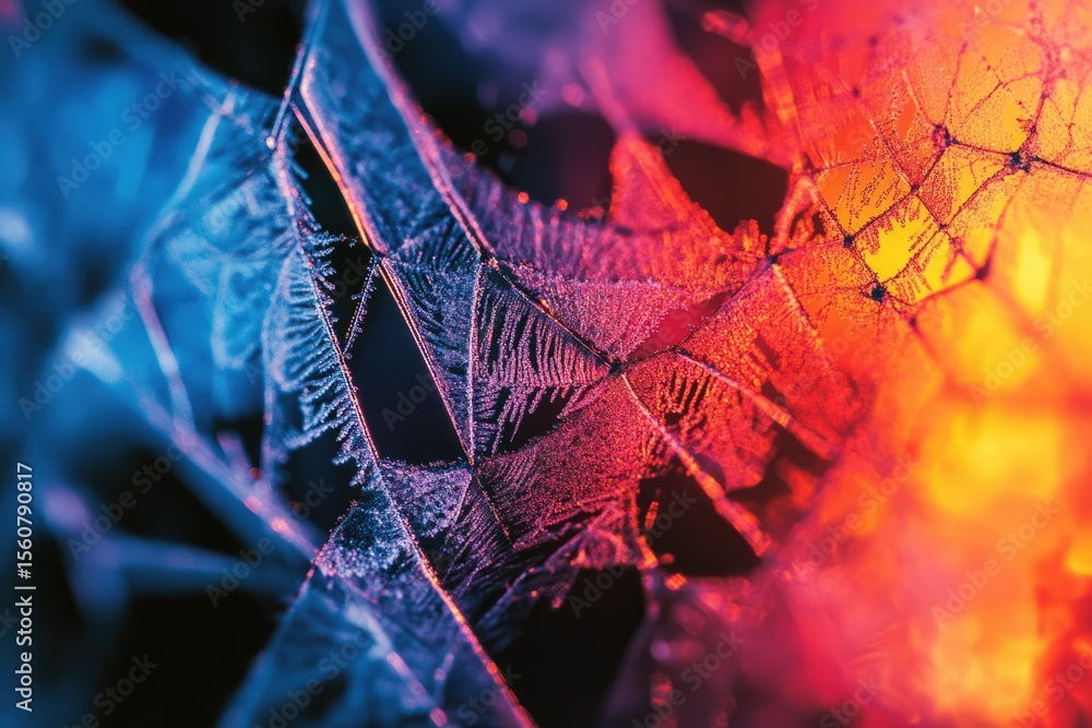 Poster intricate frost patterns on a windowpane, illuminated with vibrant blue and red light.