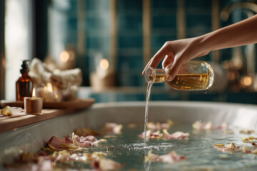 A woman gracefully pours golden bath oil into a luxurious tub filled with water and rose petals, creating a serene and indulgent spa experience.


