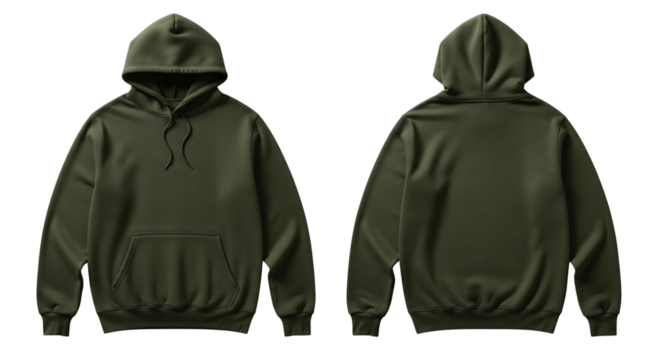 Blank dark green hoodie mockup, front and back view. Isolated on transparent background, png