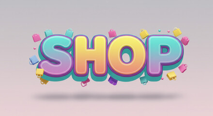 Colorful 3D Shop Text with Floating Shopping Bags
