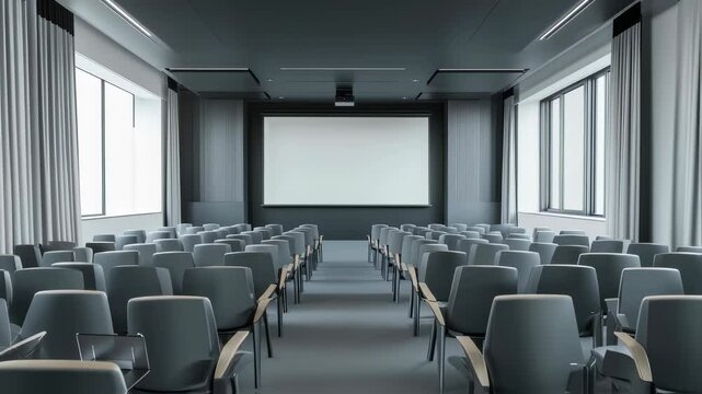 Empty conference room with projector screen in modern office setting