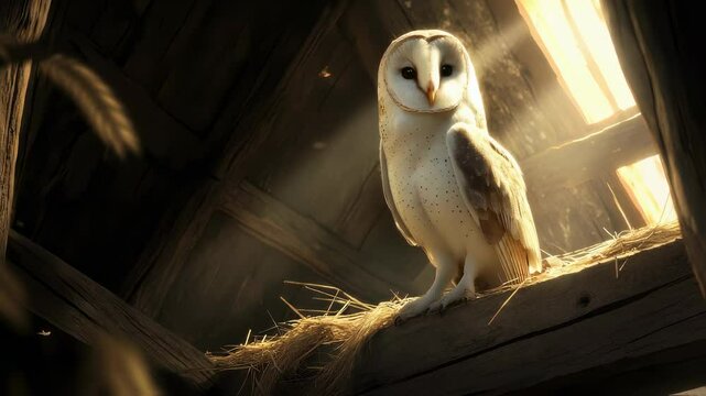 Majestic barn owl perched in sunlit loft with gentle feather movement