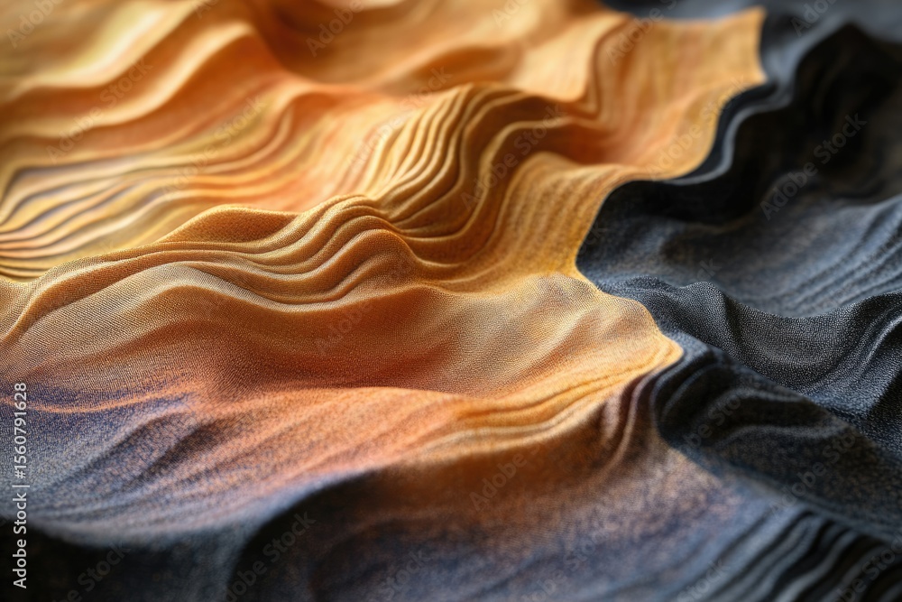Poster abstract image of flowing, textured fabric in shades of orange and dark gray, creating a wave-like p