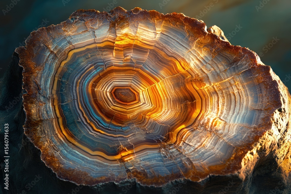 Poster a mesmerizing cross-section of agate showcasing concentric bands of vibrant colors and intricate pat