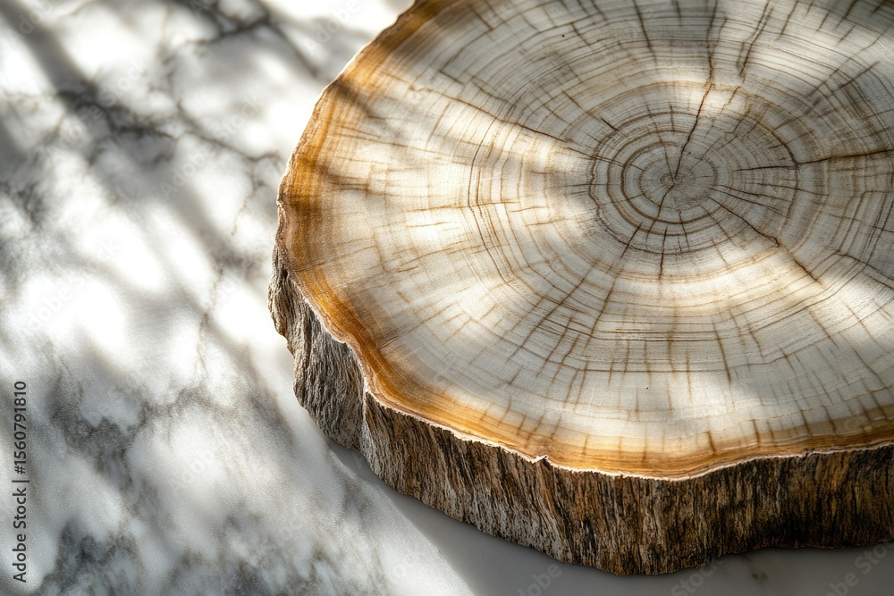 Poster cross-section of a tree trunk, showcasing its rings and texture on a marble surface.