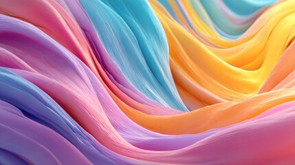 Obraz premium Soft fabric drapes ripple gracefully, showcasing a blend of pastel colors like pink, purple, blue, and yellow. The natural light enhances the smooth textures and flowing lines.