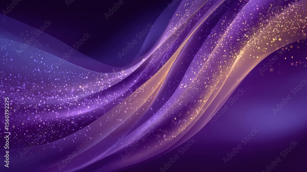 Poster delicate waves of purple and gold flow gracefully across a soft background, sparkling with tiny shim