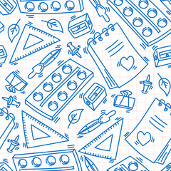 Doodle seamless pattern from school stationery back to school on the background of a cell like notebook pages