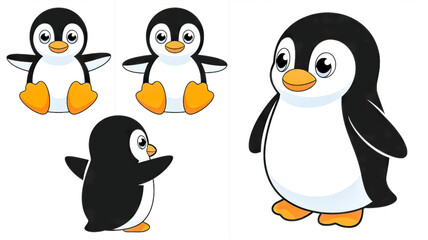 Fototapeta premium A set of four cute cartoon penguin characters arranged in a 2x2 grid against a white background