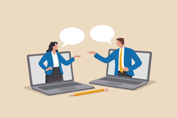 Two people communicating via laptops isolated on transparent background