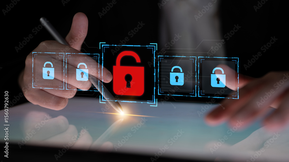 Poster digital security concept illustrating a cybersecurity breach, with a red unlocked padlock indicating