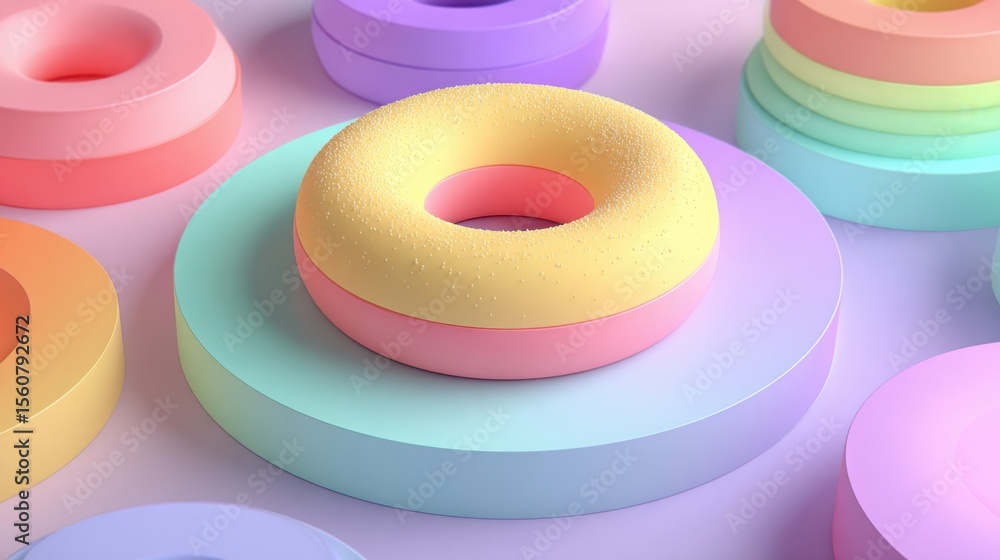 Poster soft donut shapes in various pastel colors are arranged on circular platforms, creating a whimsical 