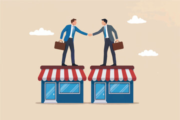 Fototapeta premium Two businessmen shaking hands on top of shops isolated on transparent background