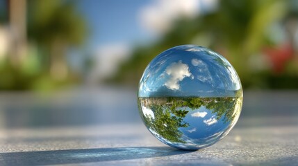 A clear glass sphere rests on a flat surface, reflecting a blue sky with clouds and surrounding green foliage. The scene is bright and peaceful, suggesting a serene outdoor location.