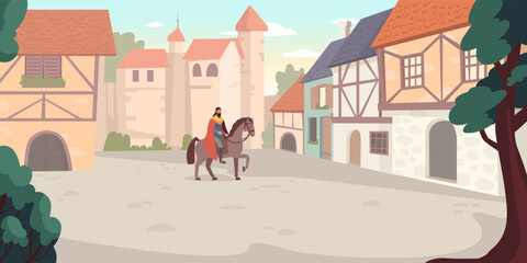 Medieval town with castle towers and half-timbered houses, knight riding horse on old city street, cartoon vector background for game or storybook.