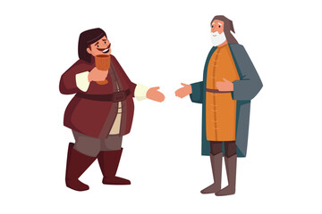 Medieval characters talking, fat man with goblet and elderly man in traditional clothes, vector illustration