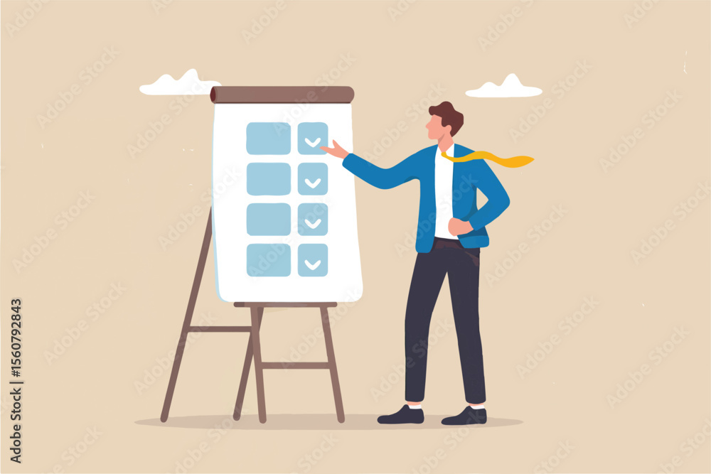 Poster man checking off a list on a flip chart isolated on transparent background