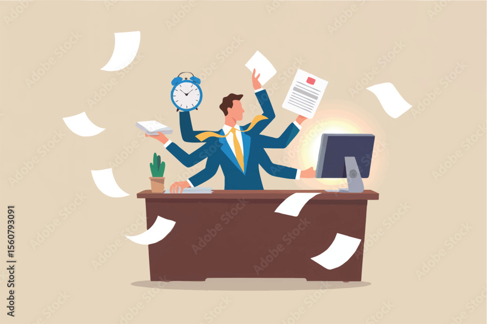 Poster busy businessman juggling tasks with multiple arms isolated on transparent background