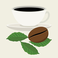 A clean vector illustration featuring a coffee cup with a saucer, a roasted coffee bean, and green coffee leaves. Ideal for menus, packaging, cafe branding, and promotional materials.