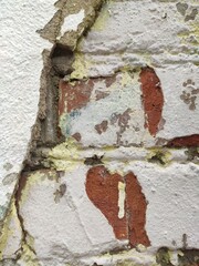 Weathered brick wall corner with peeling white paint and moss for rustic architecture blogs and...