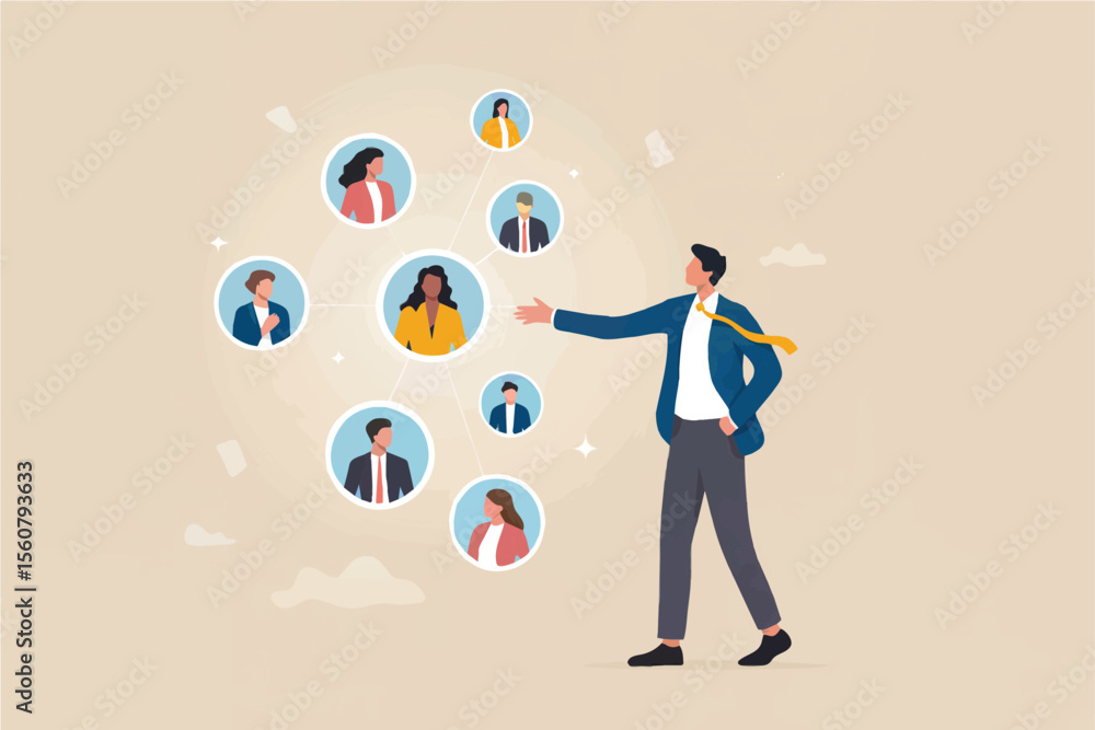 Poster flat cartoon vector illustration of a man connecting with people in a network isolated on transparen
