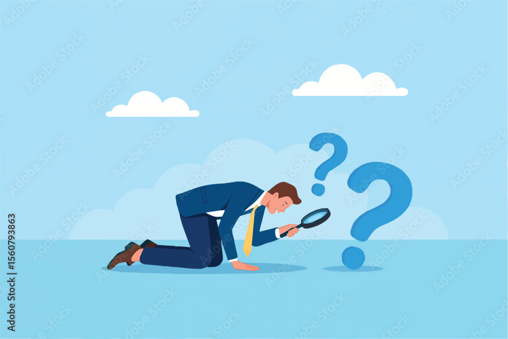 Poster man examining question marks with a magnifying glass isolated on transparent background