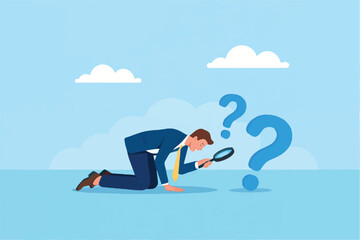 Man examining question marks with a magnifying glass isolated on transparent background