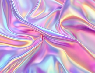 Obraz premium A vibrant, iridescent fabric, flowing in soft folds. Pastel hues of pink, purple, and light blue create a shimmering effect