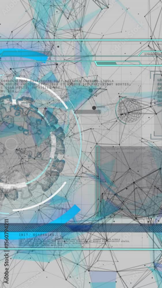 Poster animation of covid 19 cell and medical data processing on screen over networks of connection