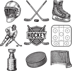 Explore vintage hockey gear, player, sticks, puck, skates, trophy, and goal in this detailed illustration set for sports designs