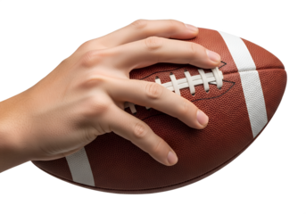 Hand holding brown leather american football isolated, realistic stitching and grip texture