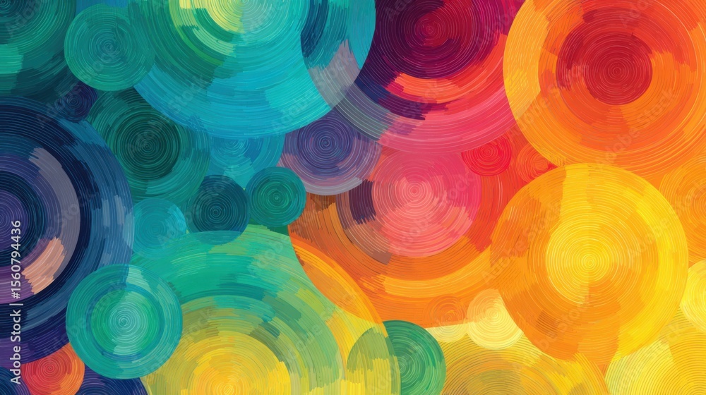 Poster bright circles in various sizes blend together in an engaging abstract design, showcasing a lively i